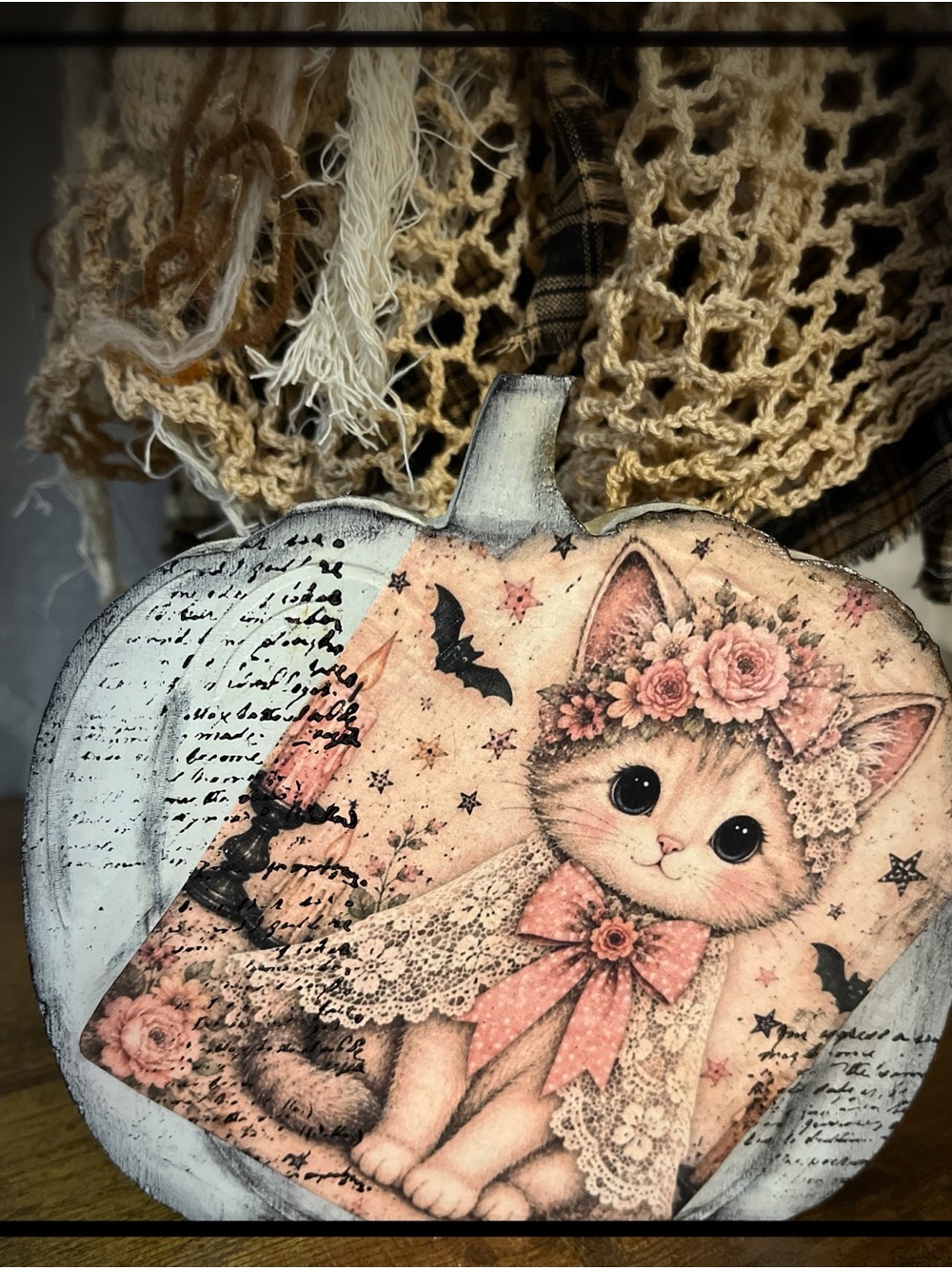 Rustic Pink Floral Cat Pumpkin shelf sitter handmade